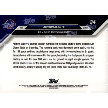 2024 Topps Bowman U Now Ashton Jeanty #34 Blue #/49 Boise State Broncos Rookie RC Football Card | Limited Edition /49 Blue Football Card | vintageantiquesgifts.com