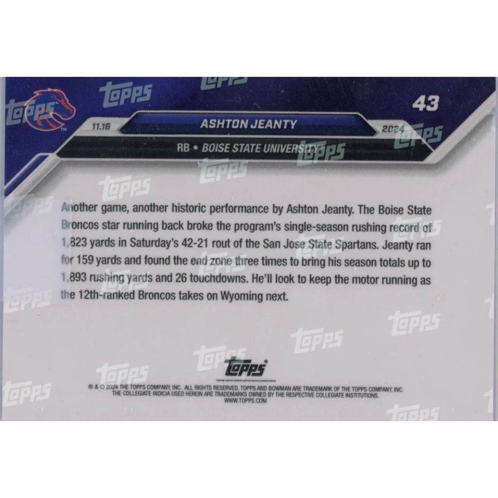 2024 Topps Bowman U Now Ashton Jeanty #43 Purple #/25 Boise State Broncos Rookie RC Football Card | Limited Edition /25 Purple Football Card | vintageantiquesgifts.com
