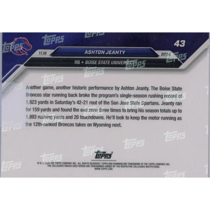 2024 Topps Bowman U Now Ashton Jeanty #43 Purple #/25 Boise State Broncos Rookie RC Football Card | Limited Edition /25 Purple Football Card | vintageantiquesgifts.com