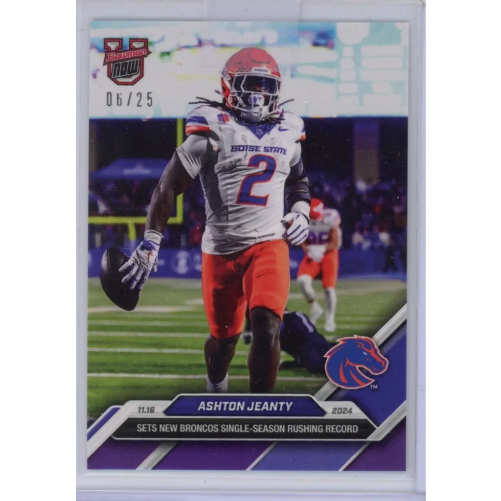 2024 Topps Bowman U Now Ashton Jeanty #43 Purple #/25 Boise State Broncos Rookie RC Football Card | Hall of Fame Sports Memorabilia | vintageantiquesgifts.com