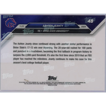 Back of Ashton Jeanty collectible football card with third party authentication