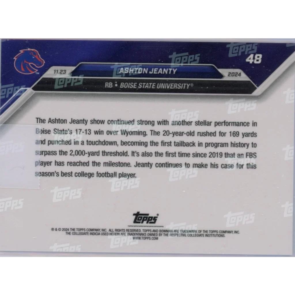Back of Ashton Jeanty Boise State football card from Topps Bowman collection