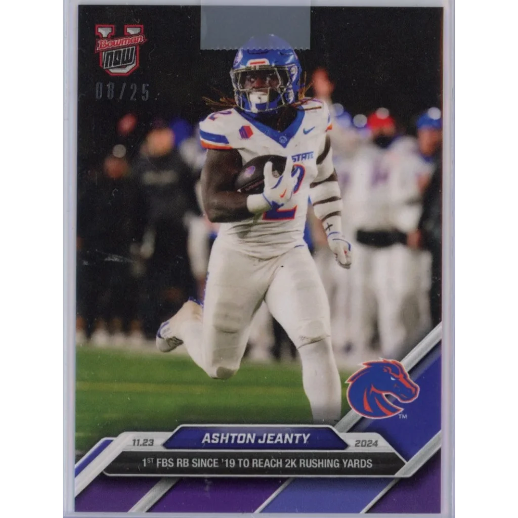 Ashton Jeanty in blue and white Boise State Broncos jersey, 2024 Topps Bowman U Now #48 Purple /25 RC card
