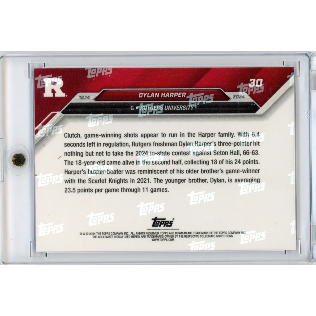 Back of Dylan Harper Topps University card in protective sleeve with third party authentication