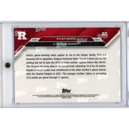 Back of Dylan Harper Topps University card in protective sleeve with third party authentication