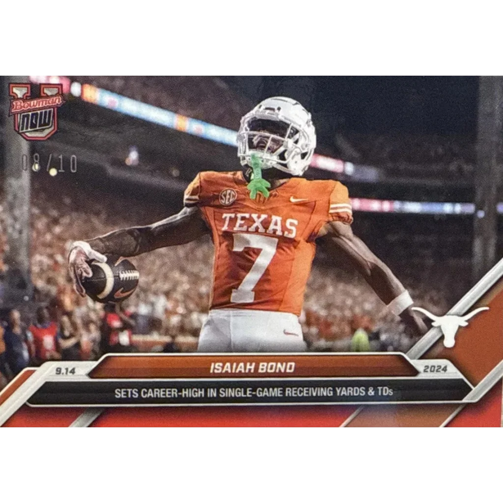 Authentic Isaiah Bond Texas Longhorns football trading card with orange jersey and certification