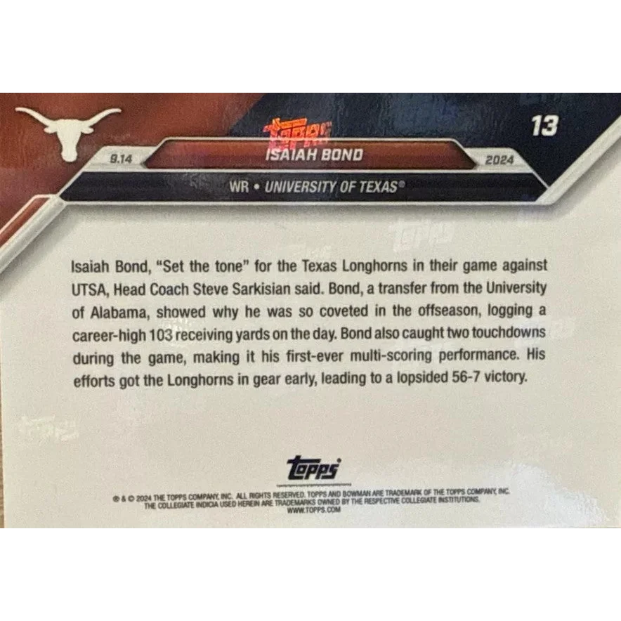 Back of Isaiah Bond Texas Longhorns Trading Card with game summary and copyright info