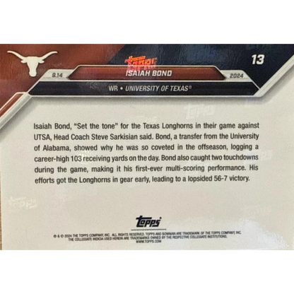 Back of Isaiah Bond Texas Longhorns Trading Card with game summary and copyright info