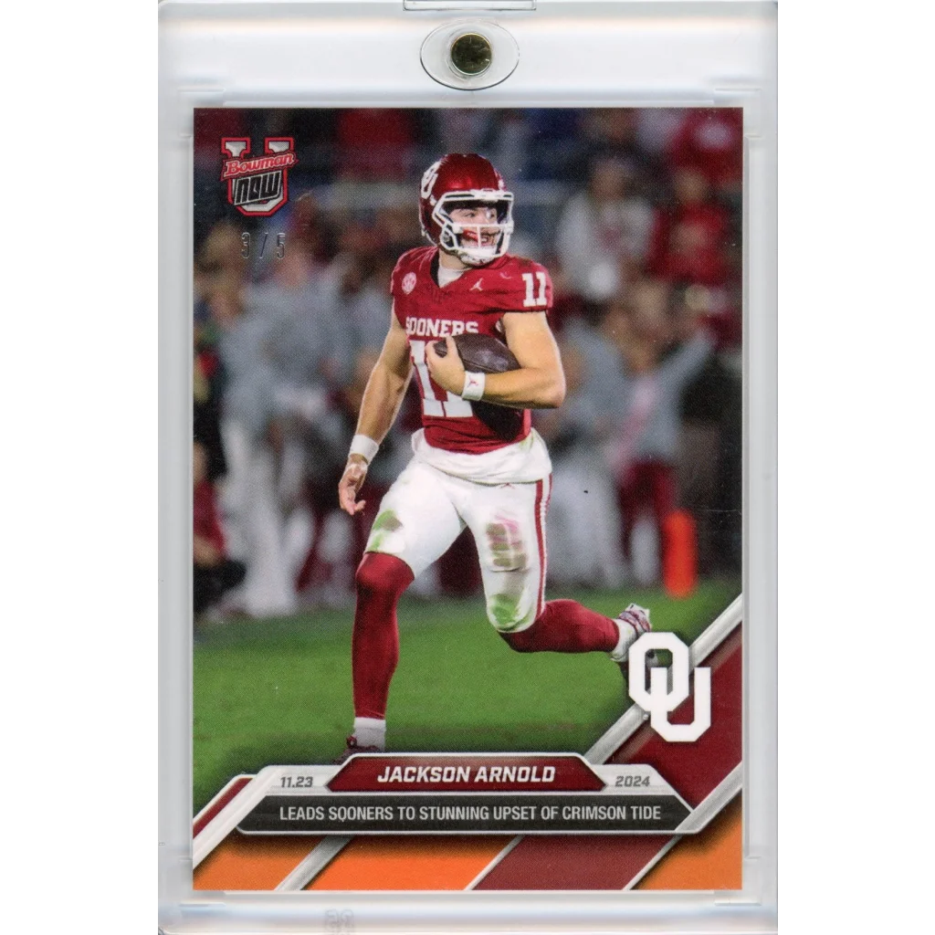 2024 Topps Bowman U Now Jackson Arnold #46 Orange #/5 Oklahoma Sooners Rookie RC Football Card | Hall of Fame Sports Memorabilia | vintageantiquesgifts.com