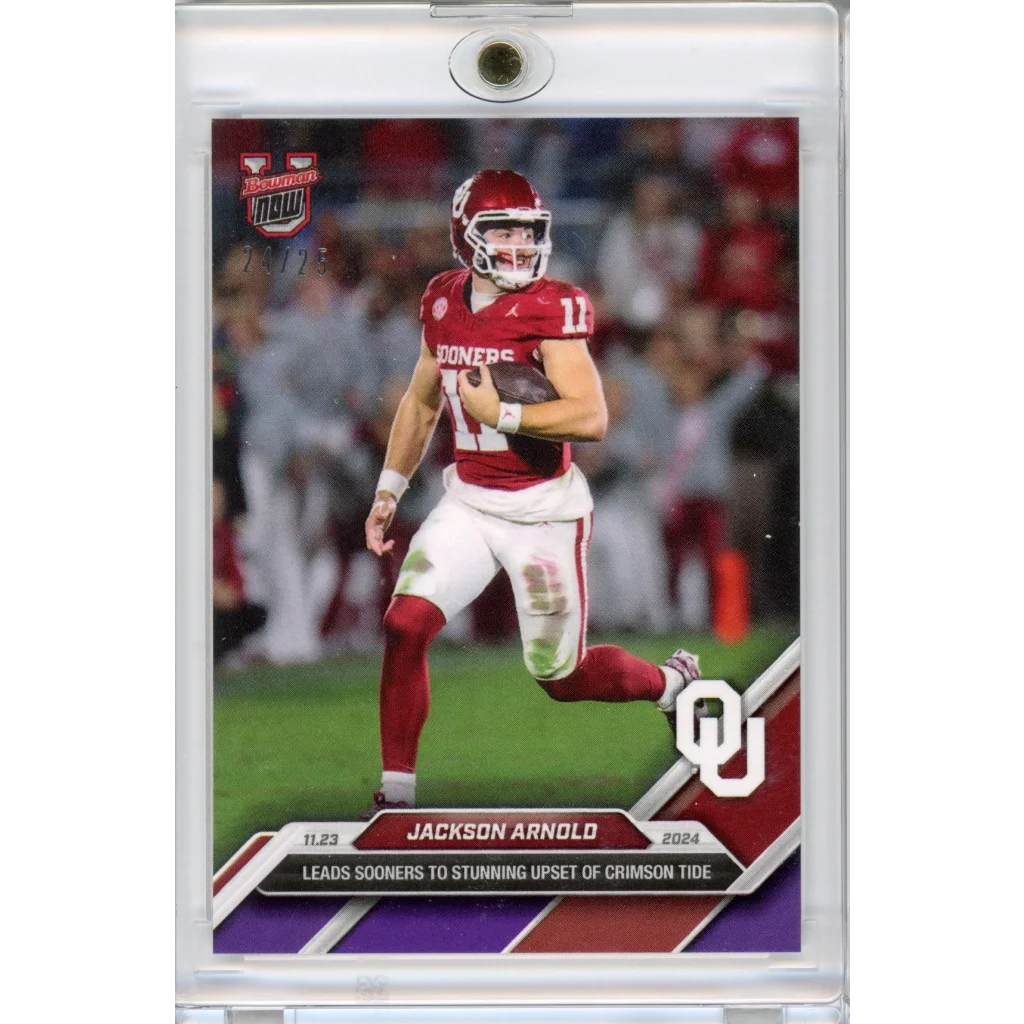 2024 Topps Bowman U Now Jackson Arnold #46 Purple #/25 Oklahoma Sooners Rookie RC Football Card | Hall of Fame Sports Memorabilia | vintageantiquesgifts.com