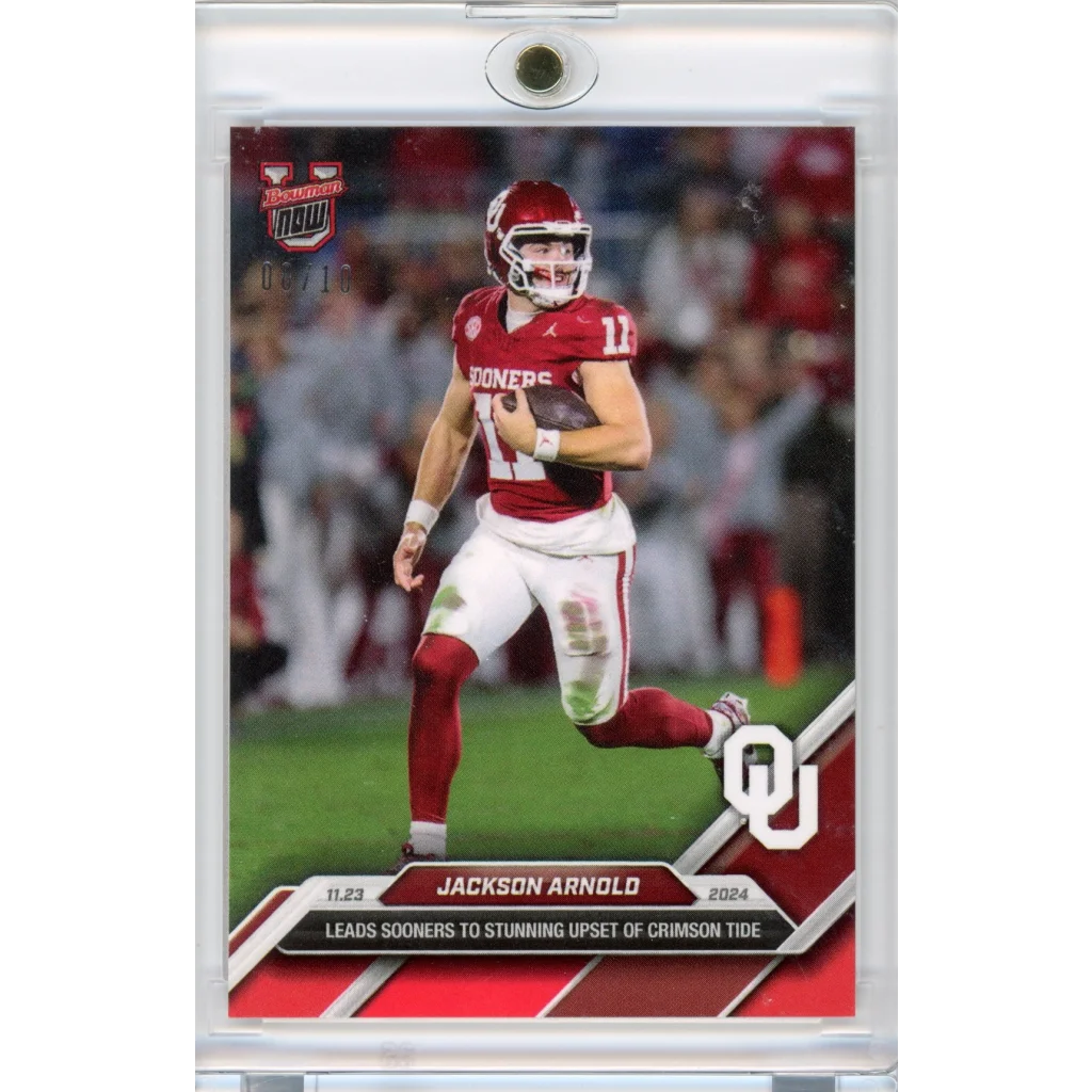 2024 Topps Bowman U Now Jackson Arnold #46 Red #/10 Oklahoma Sooners Rookie RC Football Card | Hall of Fame Sports Memorabilia | vintageantiquesgifts.com