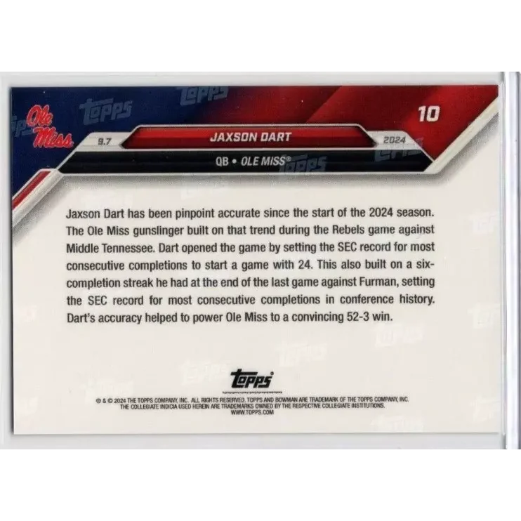 Authentic Jaxson Dart Ole Miss sports trading card with third party authentication