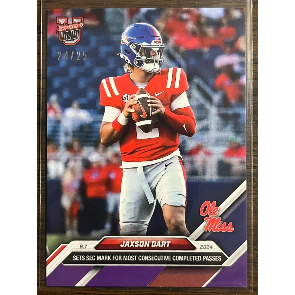 2024 Topps Bowman U Now Jaxson Dart #10 Purple #/25 Ole Miss Rebels Football Card | Hall of Fame Sports Memorabilia | vintageantiquesgifts.com