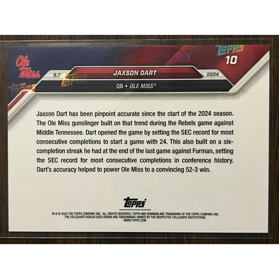 2024 Topps Bowman U Now Jaxson Dart #10 Purple #/25 Ole Miss Rebels Football Card | Limited Edition /25 Purple Football Card | vintageantiquesgifts.com