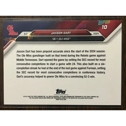 2024 Topps Bowman U Now Jaxson Dart #10 Purple #/25 Ole Miss Rebels Football Card | Limited Edition /25 Purple Football Card | vintageantiquesgifts.com