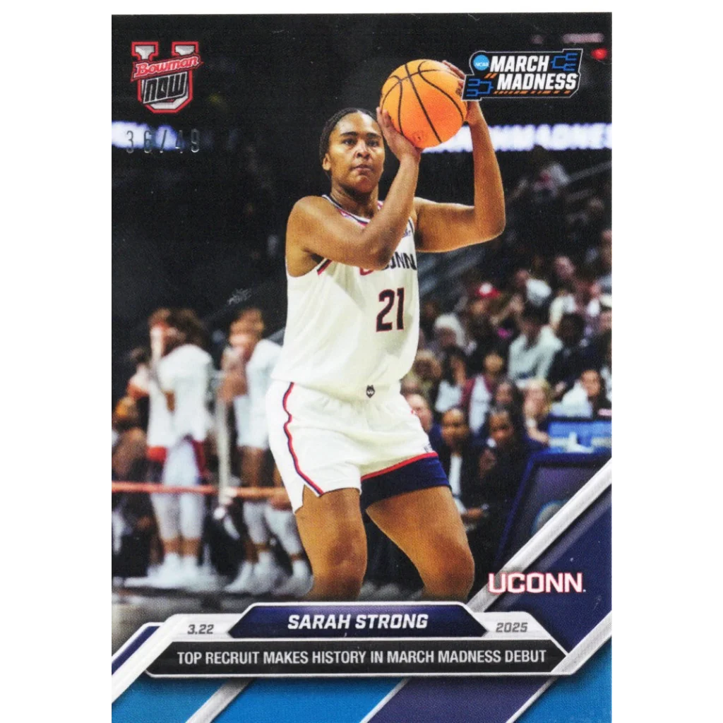Sarah Strong 2024 Topps Bowman U Now #96 Blue /49 Rookie RC card with orange basketball player in white navy uniform