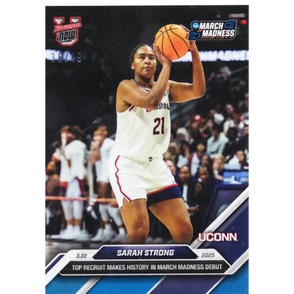 Sarah Strong 2024 Topps Bowman U Now #96 Blue /49 Rookie RC card with orange basketball player in white navy uniform