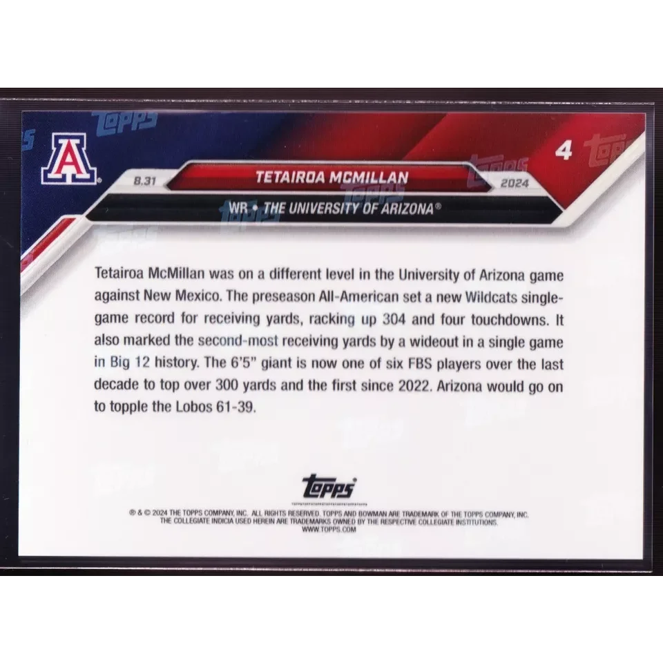 Back of Authentic Tetairoa McMillan Arizona Wildcats football trading card third party verified