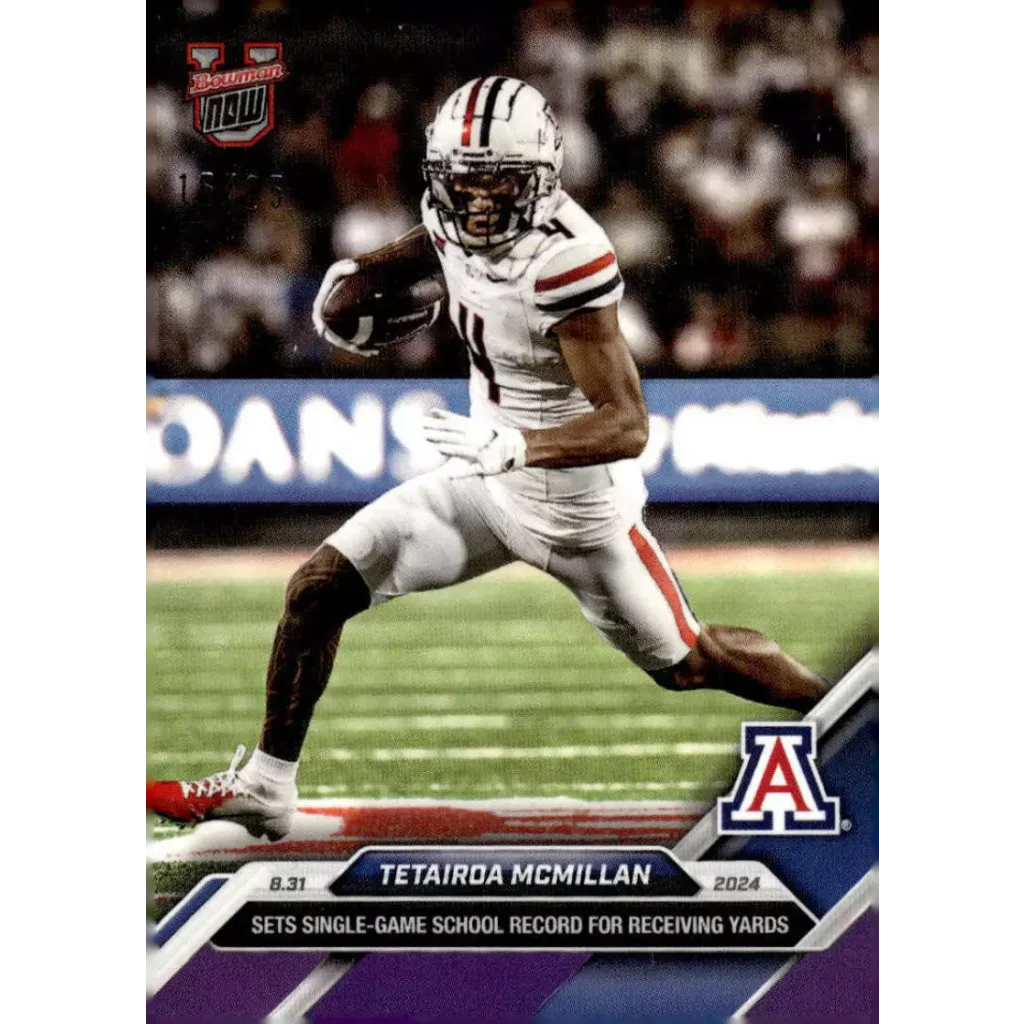 Tetairoa McMillan #4 purple /25 Arizona Wildcats card with white red jersey in action