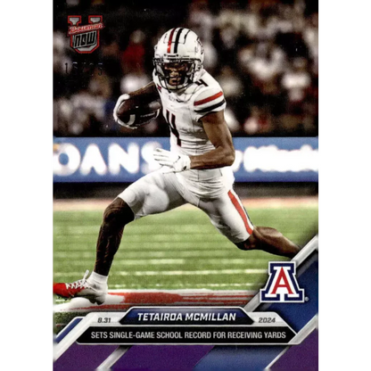 Tetairoa McMillan #4 purple /25 Arizona Wildcats card with white red jersey in action