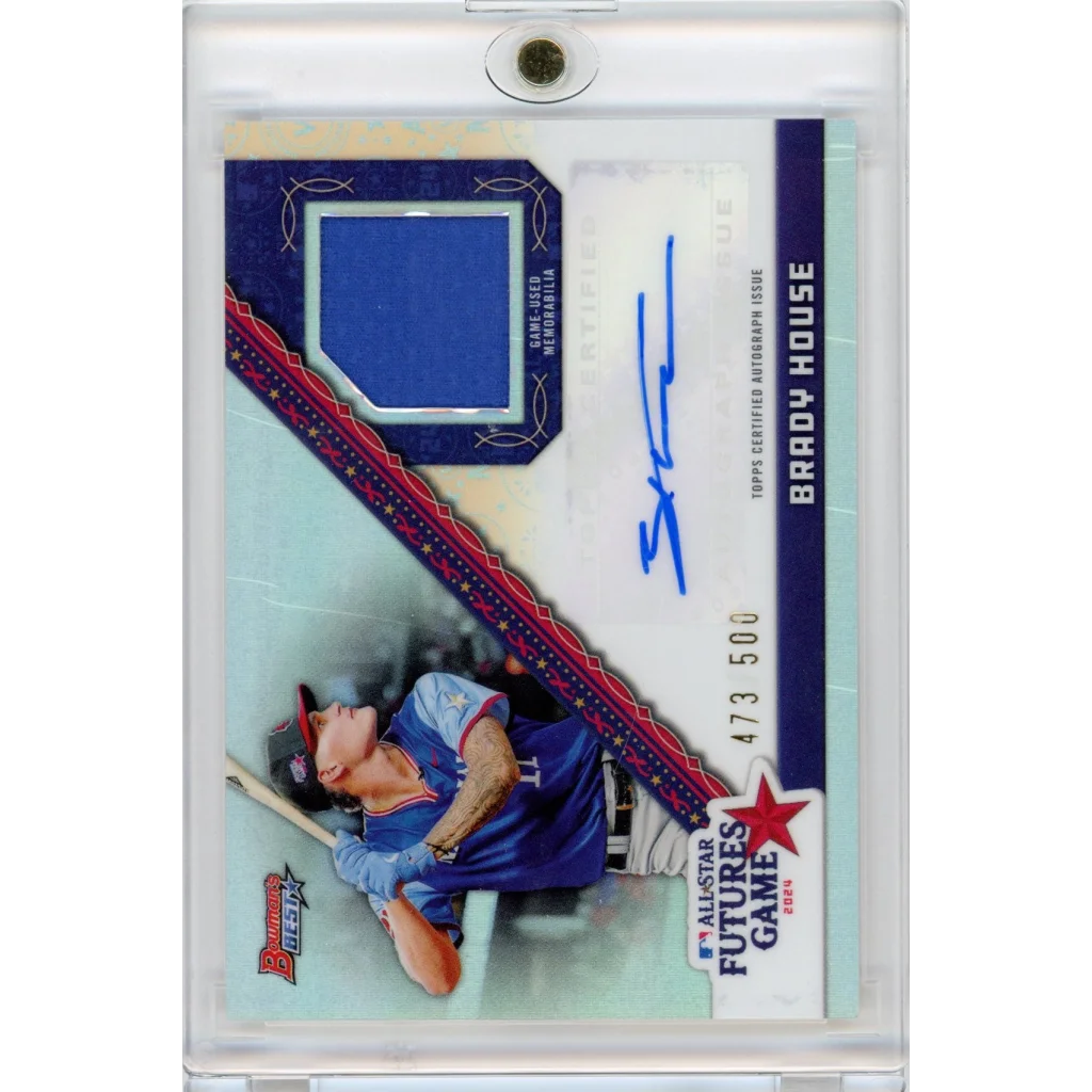 Baseball trading card featuring Brady House Bowmans Best autograph and game-used memorabilia