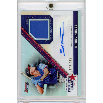 Baseball trading card featuring Brady House Bowmans Best autograph and game-used memorabilia