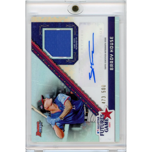 Baseball trading card featuring Brady House Bowmans Best autograph and game-used memorabilia