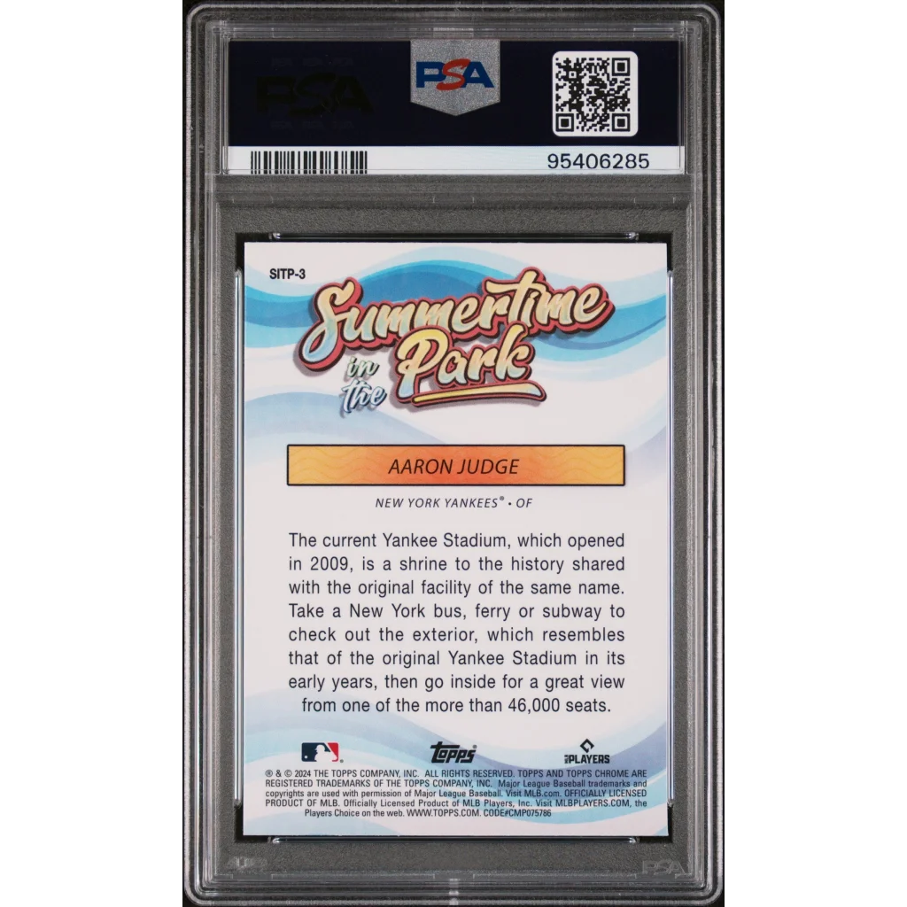 2024 Topps Chrome Aaron Judge PSA graded baseball card featuring Yankee Stadium image