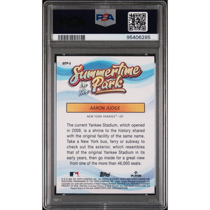 2024 Topps Chrome Aaron Judge PSA graded baseball card featuring Yankee Stadium image
