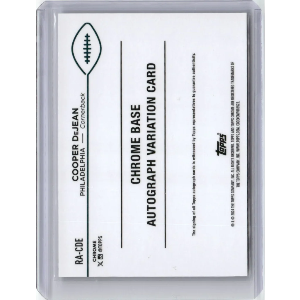 2024 Topps Chrome Silver Refractor Cooper DeJean #RA-CDE Auto Rookie RC Football Card | Certified Authentic Signed Memorabilia | vintageantiquesgifts.com