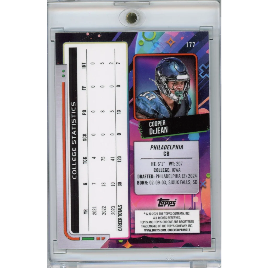 2024 Topps Cosmic Chrome Cooper DeJean #177 Spacedust Refractor /75 Rookie RC Philadelphia Eagles Football Card | Limited Edition /75 Refractor Football Card | vintageantiquesgifts.com