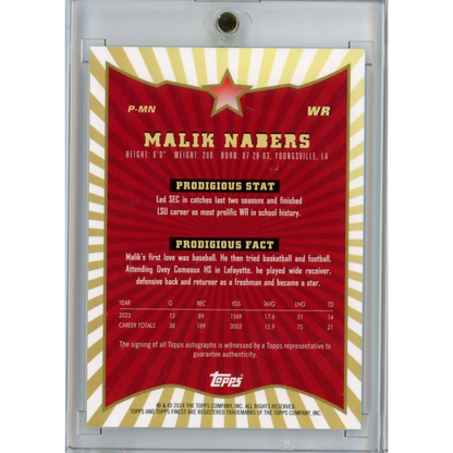 Football trading card of Topps Finest Malik Nabers Autograph Rookie with third party authentication