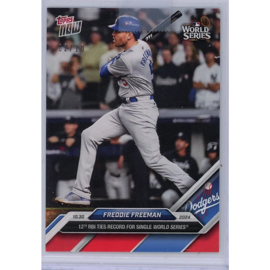 2024 Topps Now Freddie Freeman #880 Red /10 Dodgers card, mid-swing in gray-blue uniform