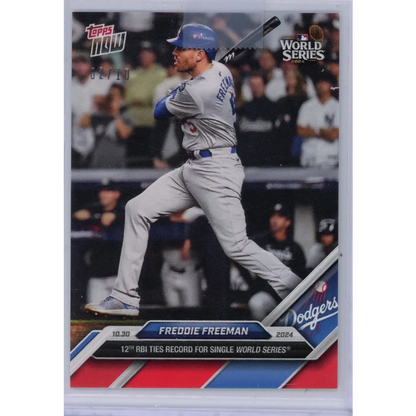 2024 Topps Now Freddie Freeman #880 Red /10 Dodgers card, mid-swing in gray-blue uniform