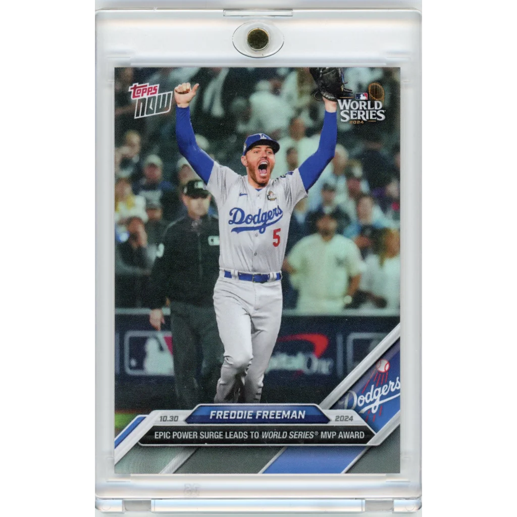 Authentic Freddie Freeman Dodgers trading card celebrating in his uniform with expert verified badge