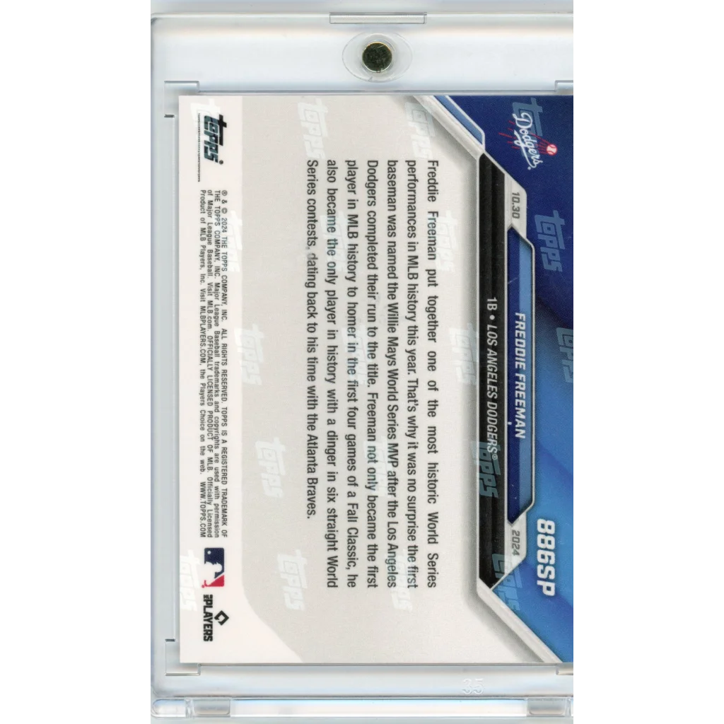 Back of Freddie Freeman Dodgers trading card in protective sleeve for authentic look