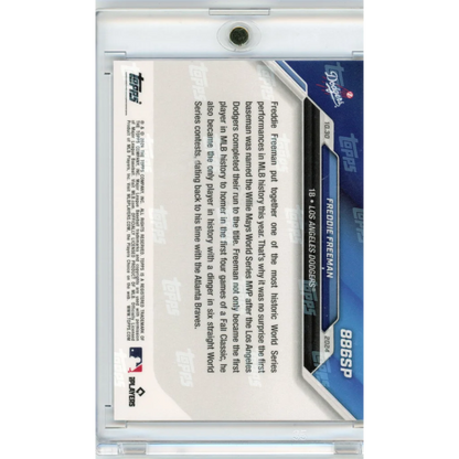 Back of Freddie Freeman Dodgers trading card in protective sleeve for authentic look