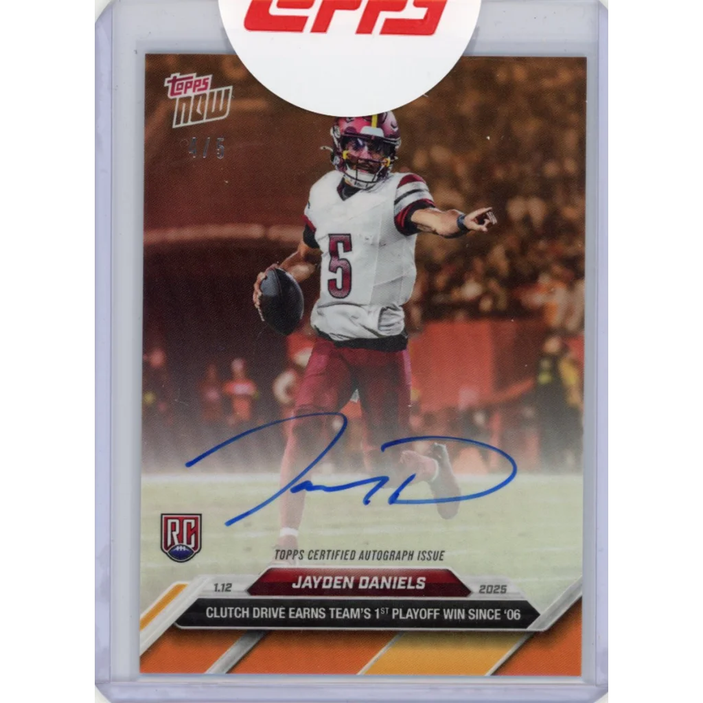 2024 Topps Now Jayden Daniels #22B 1st Playoff Win Orange Auto /5 Washington Commanders Rookie RC Football Card | Hall of Fame Sports Memorabilia | vintageantiquesgifts.com