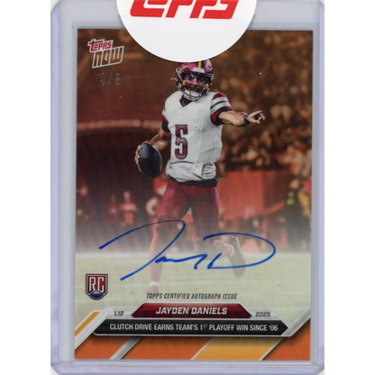 2024 Topps Now Jayden Daniels #22B 1st Playoff Win Orange Auto /5 Washington Commanders Rookie RC Football Card | Hall of Fame Sports Memorabilia | vintageantiquesgifts.com