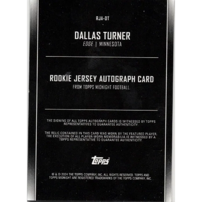 2024 Topps Midnight Dallas Turner #RJADT Rookie Jersey Autograph /50 Minnesota Vikings Rookie RC Football Card