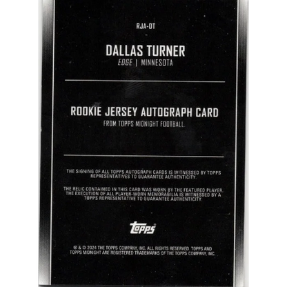 2024 Topps Midnight Dallas Turner #RJADT Rookie Jersey Autograph /50 Minnesota Vikings Rookie RC Football Card