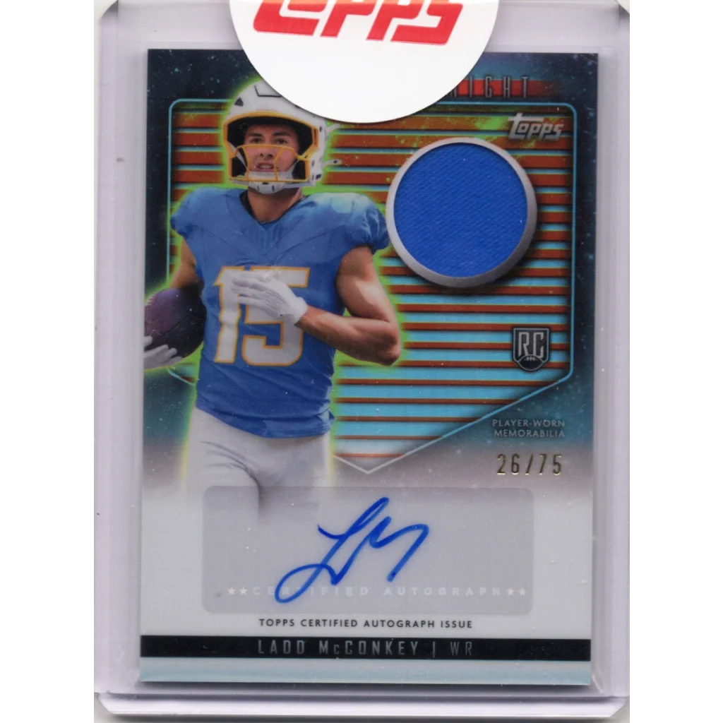 Blue player jersey patch on 2024 Topps Midnight Ladd McConkey rookie auto card