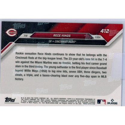 Back of Rece Hinds baseball card with third party authentication for Cincinnati Reds