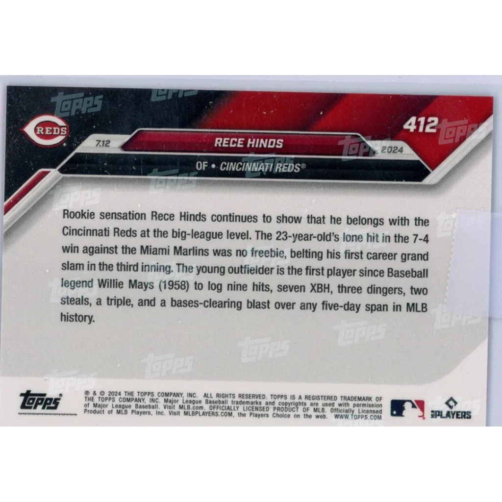 2024 Topps Now Rece Hinds #412 Blue #/49 Rookie RC Baseball Card | Limited Edition /49 Blue Baseball Card | vintageantiquesgifts.com
