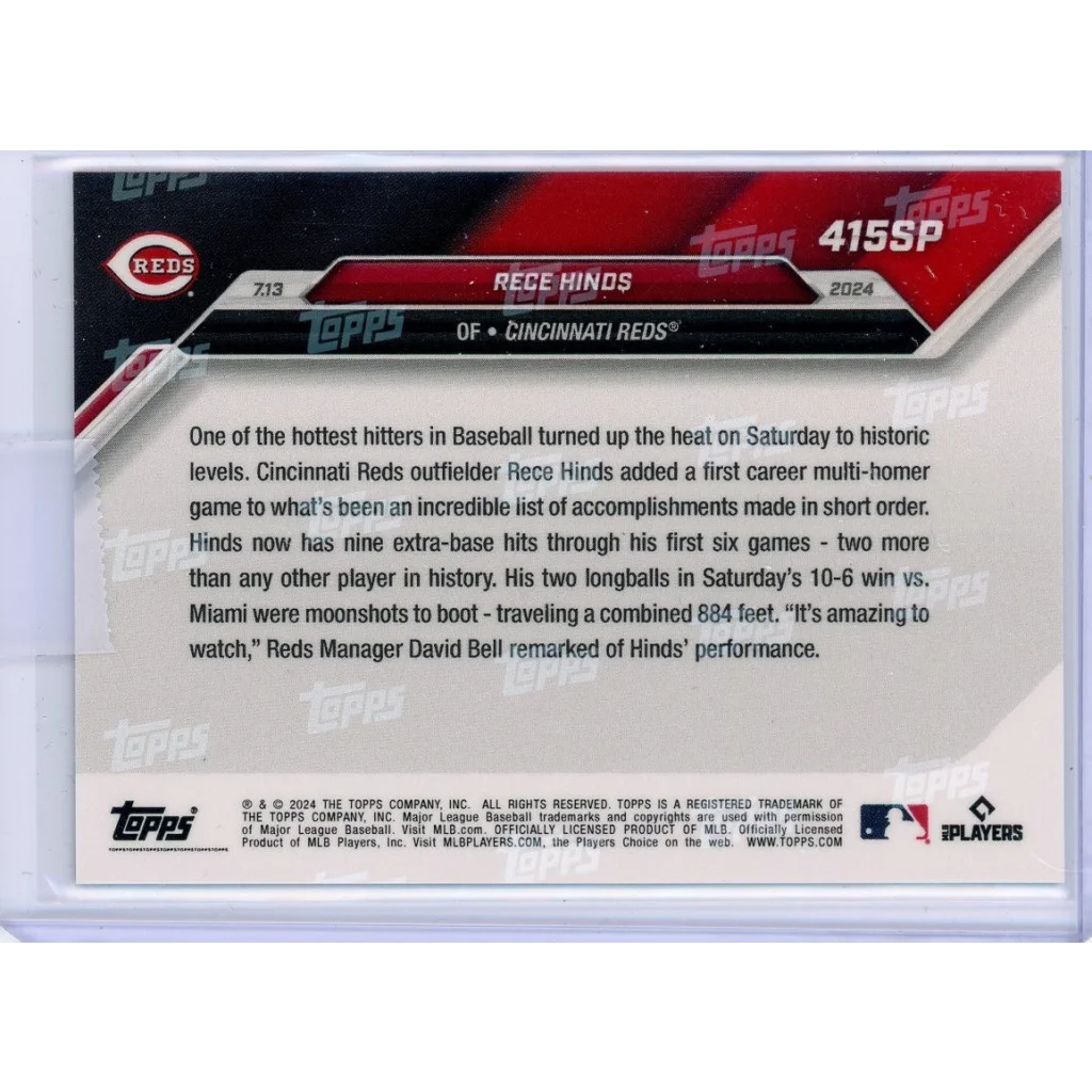 Back of a Rece Hinds Rookie RC Baseball Card with third-party authentication showing stats