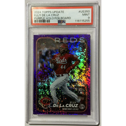 2024 topps update elly de la cruz rookie debut purple holo foilboard baseball card with vibrant iridescent background