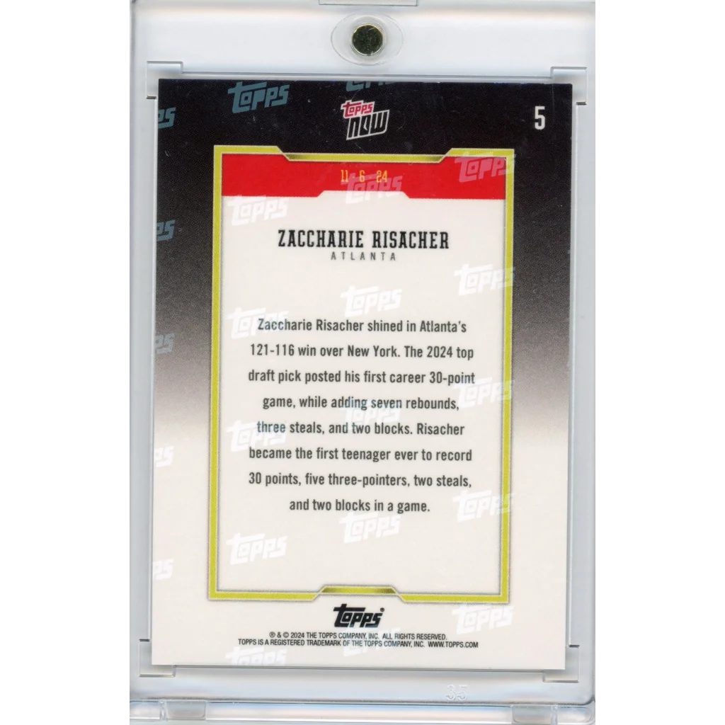 2024 Topps Now Zaccharie Risacher #5 Blue #/75 Rookie RC Basketball Card | Limited Edition /75 Blue Basketball Card | vintageantiquesgifts.com