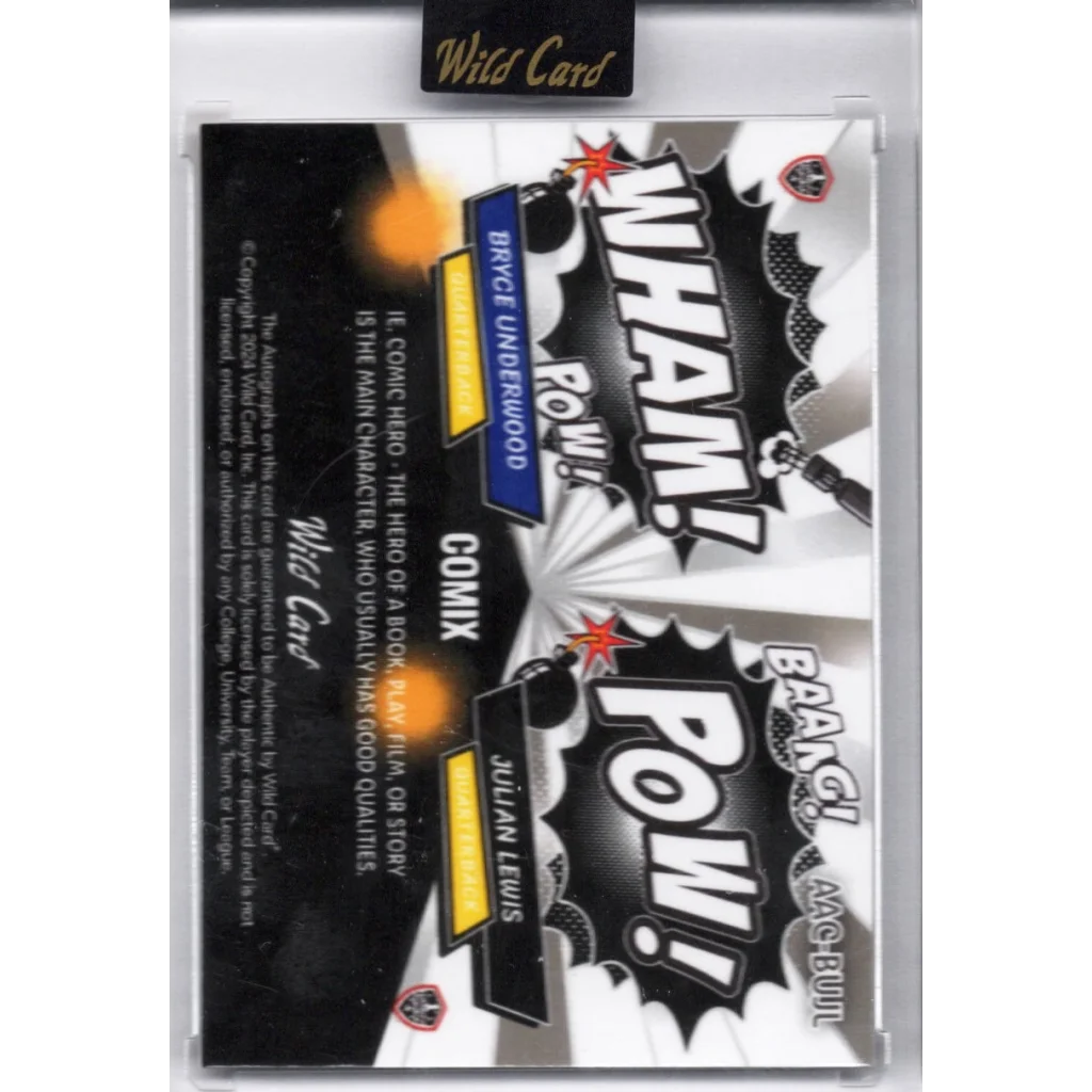 Black and white comic-style Wild Card Comix dual auto 1/1 rookie football card of Bryce Underwood and Julian Lewis