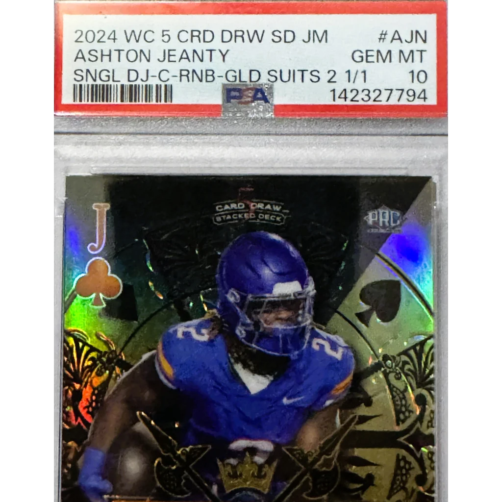 Blue football jersey with gold and white accents featuring ashton jeanty stacked deck wild card player design