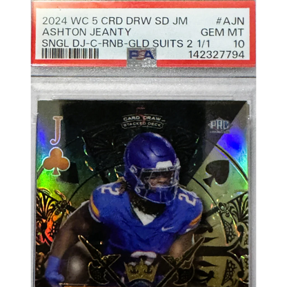 Blue football jersey with gold and white accents featuring ashton jeanty stacked deck wild card player design